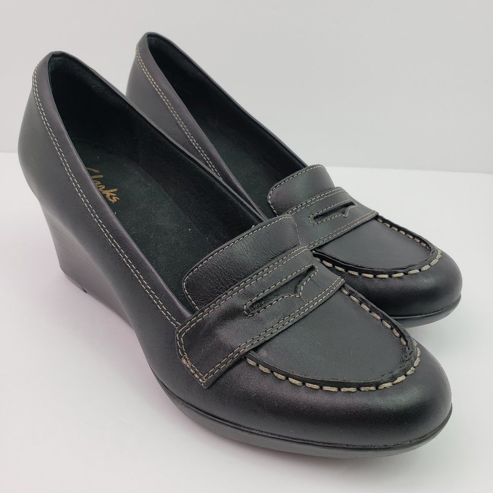 Clarks Bendables Womens Black Leather Wedge Heels